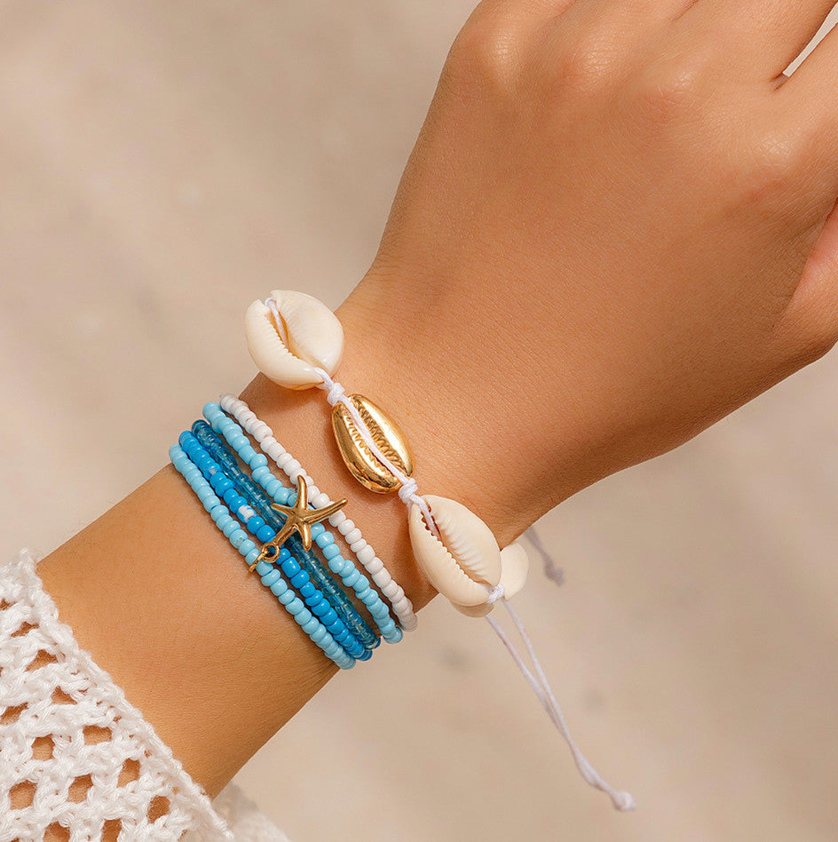 Bohemian Rice Bead & Cowrie Shell Bracelet Set - Layered Starfish Vacation Jewelry