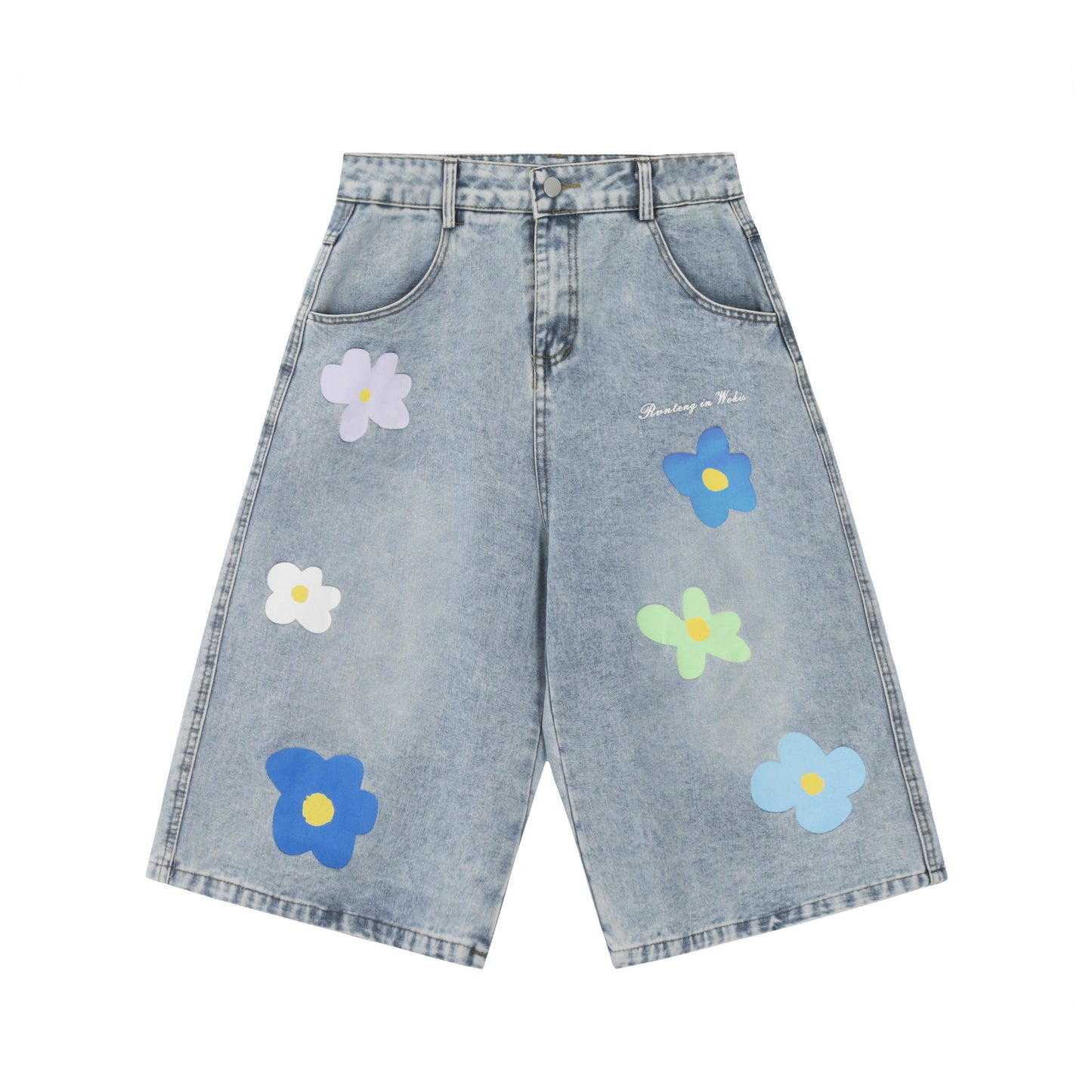 Cute Floral Print Wide Leg Denim Shorts - Y2K Aesthetic Light Wash Capri Pants