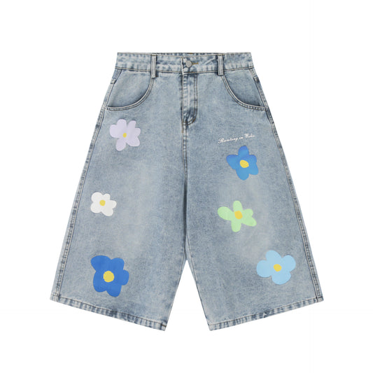 Cute Floral Print Wide Leg Denim Shorts - Y2K Aesthetic Light Wash Capri Pants