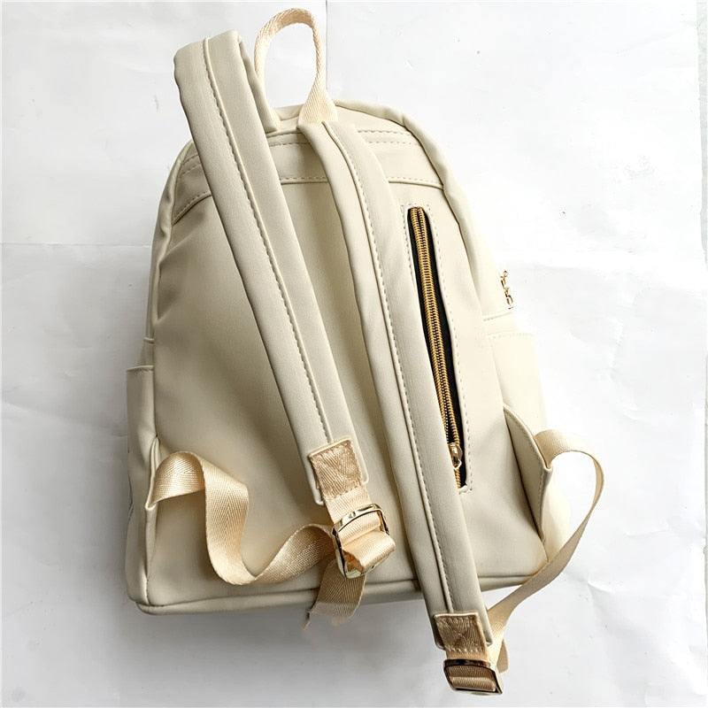 Cute Owl & Letter Patch PU Leather Mini Backpack for Women and Girls - Beige