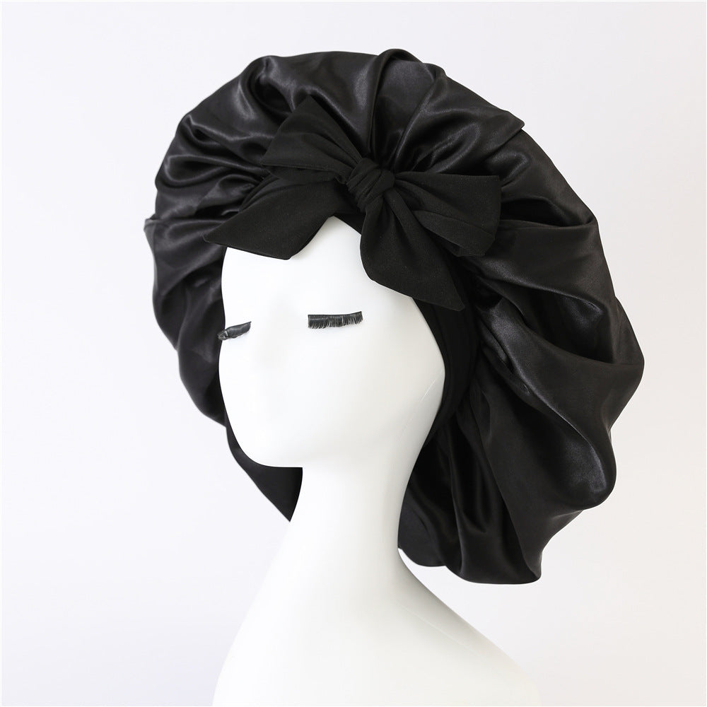 Wide-Brimmed Satin Bonnets with Elastic Ribbon Bow | Solid Color Hairdressing Sleep Cap