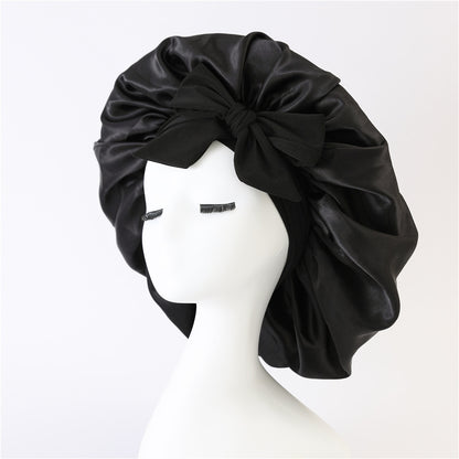 Wide-Brimmed Satin Bonnets with Elastic Ribbon Bow | Solid Color Hairdressing Sleep Cap