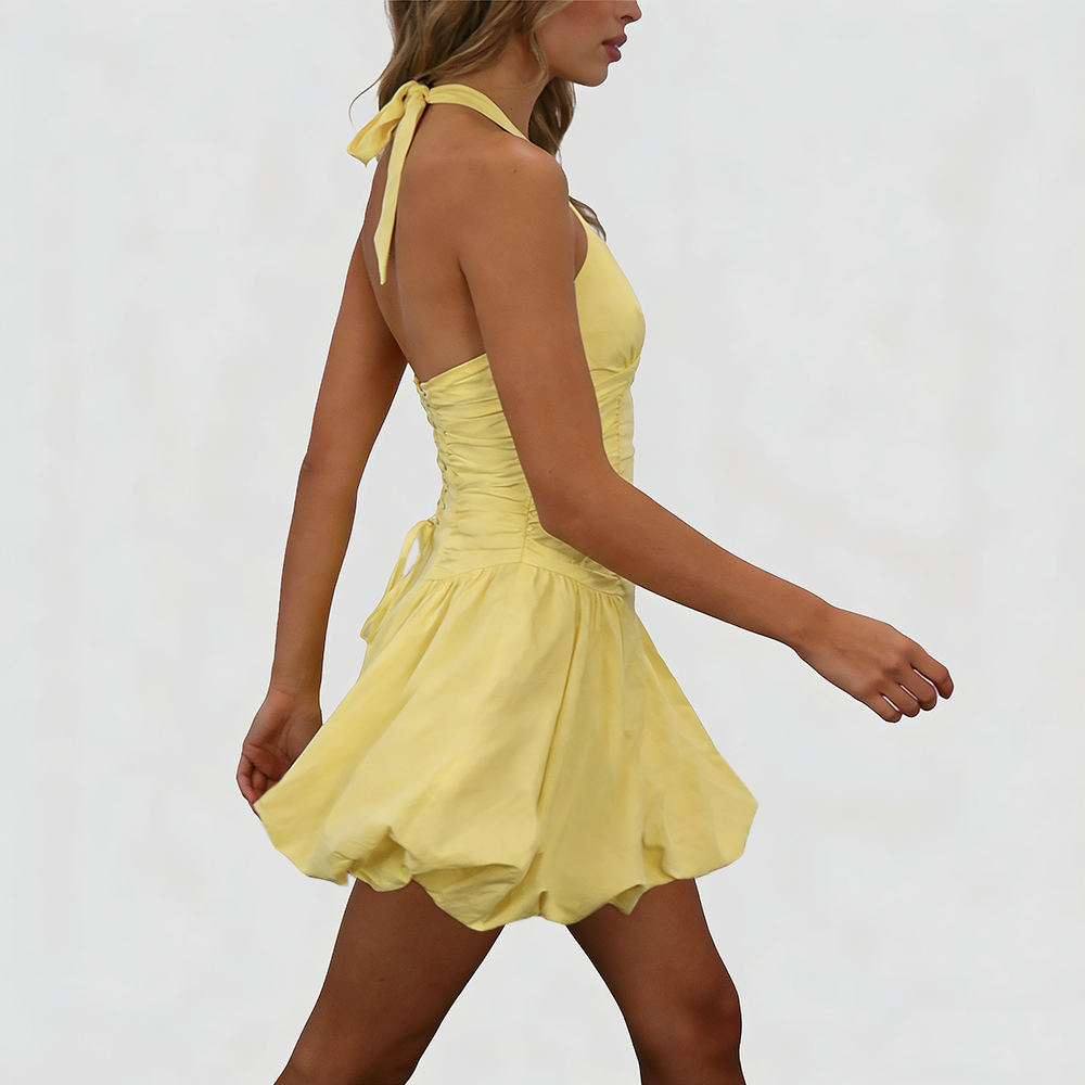 Sexy Deep V Backless Halter Mini Dress – Chic Yellow Bubble Hem Party Dress for Women