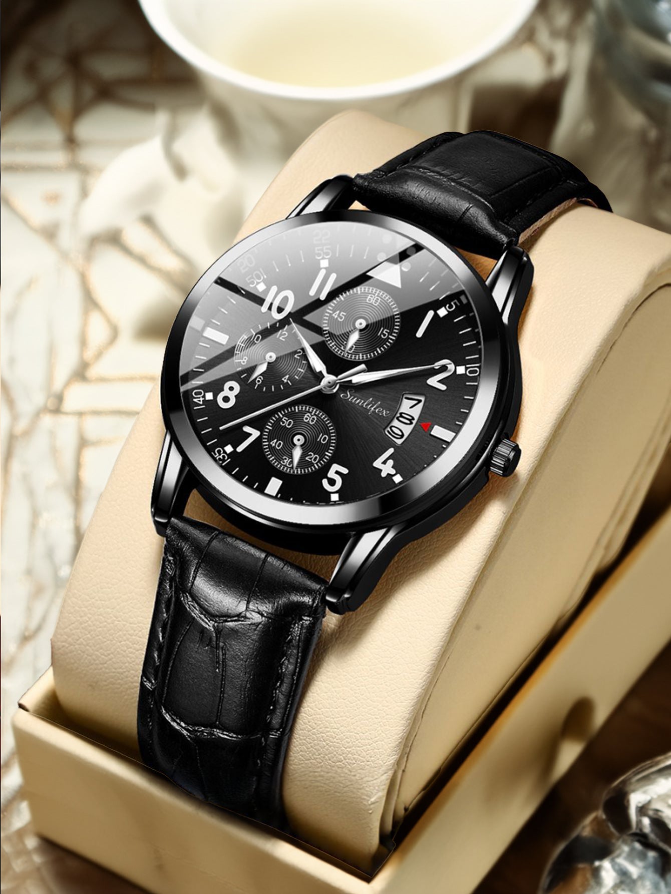 Waterproof Analog Men's Watch (Student/Casual) with Black Dial and Leather Band.