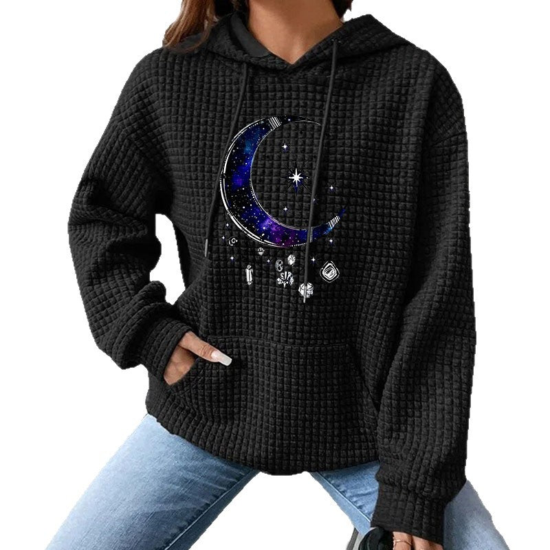 Celestial Sun Moon Star Printed Waffle Knit Hoodie | Grey Pullover Hooded Sweatshirt