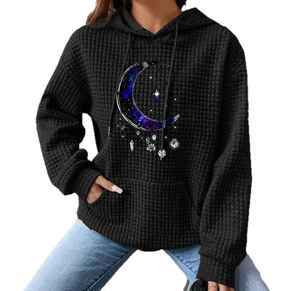 Celestial Sun Moon Star Printed Waffle Knit Hoodie | Grey Pullover Hooded Sweatshirt