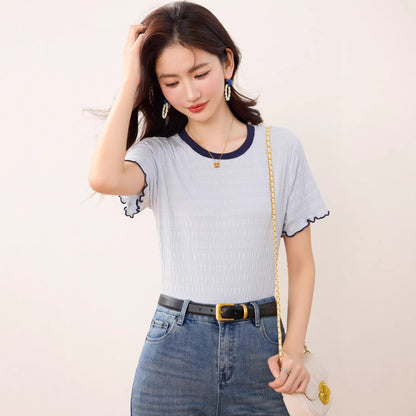 Women's Ruffled Color-Blocked Short Sleeve T-Shirt - Slim Fit Trendy Top