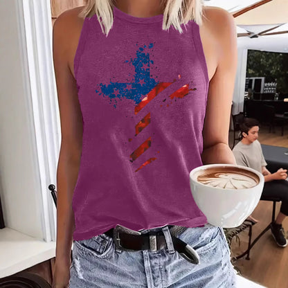 Sleeveless Top T-Shirt Round Neck Pullover | Patriotic American Flag Cross Graphic Tank