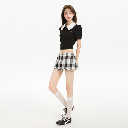 Retro Plaid Mini Skort for Women - Black & White Contrast Design