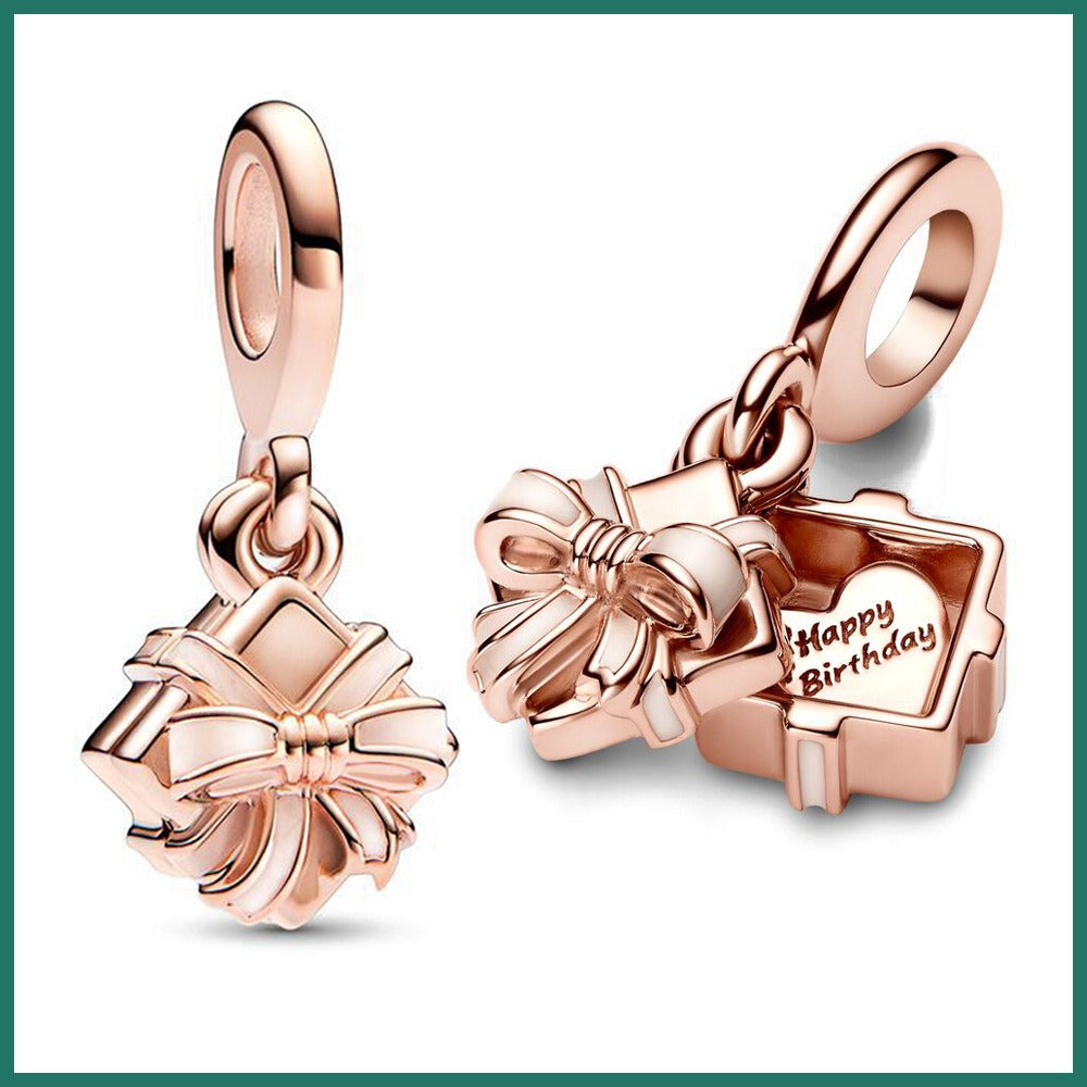 Rose Gold-Tone Bow Ribbon Dangle Charm / Openable Cute Gift Box Pendant for Bracelets