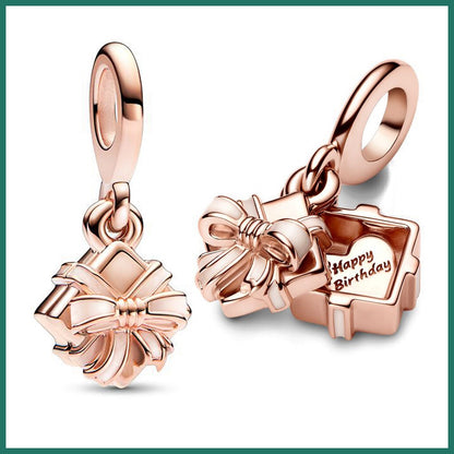 Rose Gold-Tone Bow Ribbon Dangle Charm / Openable Cute Gift Box Pendant for Bracelets