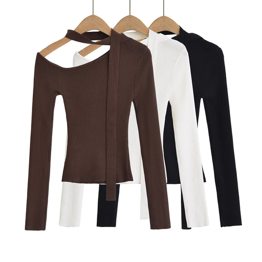 Trendy Slanted Collar Off-Shoulder Ribbed Top - Chic Asymmetric Long Sleeve Shirt
