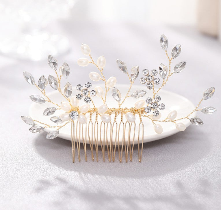 Elegant Hand-Woven Pearl and Crystal Bridal Hair Comb Headdress