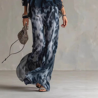 Chic Summer 2-Piece Outfit - Ruffle Halter Blouse with Tie-Dye Palazzo Pants