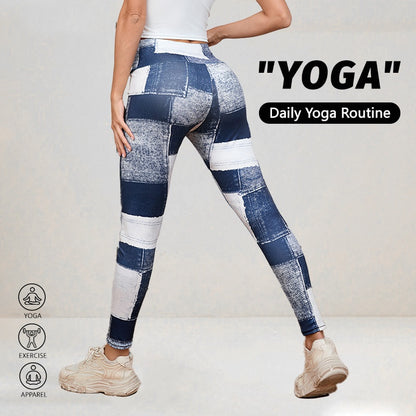 Denim-Like Plaid Patchwork Fitness Pants - High-Waisted Tummy Control Yoga Leggings