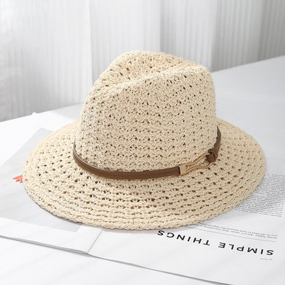 Ladies' Straw Fedora Sun Hat with Leather Band | Wide Brim Summer UV Protection