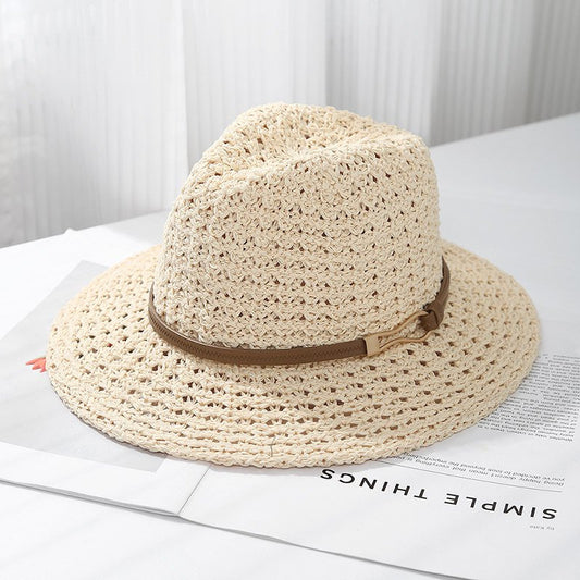 Ladies' Straw Fedora Sun Hat with Leather Band | Wide Brim Summer UV Protection