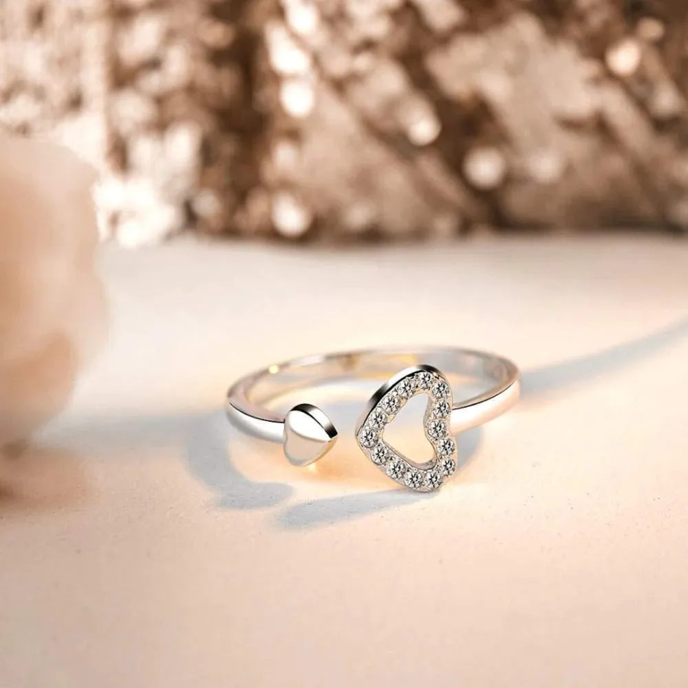 Dainty 925 Silver Zircon Pave Heart Open Ring