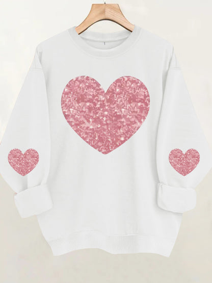 Pink Glitter Heart Print Grey Sweatshirt | Cozy Long Sleeve Pullover for Women
