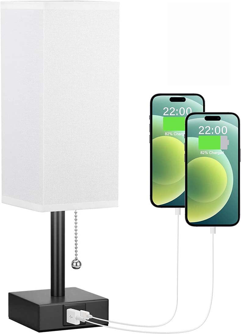Modern Square Linen Desk Lamp with Dual USB Ports – 3 Color Modes & Pull Chain Switch for Bedroom
