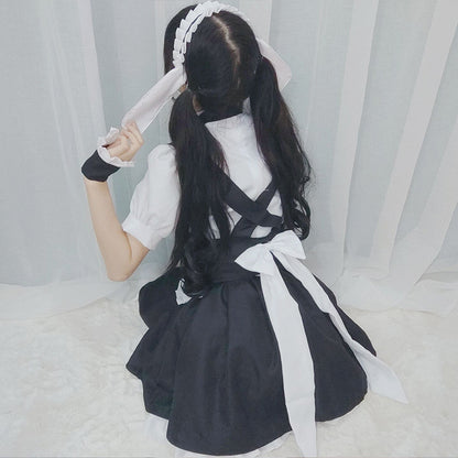 Cute Gothic Lolita Maid Dress - Playful Black & White Tuxedo Style Fluffy Mini Skirt with Bunny Ears