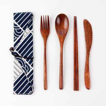 Japanese Style 3-Piece Portable Wooden Cutlery Set with Pouch