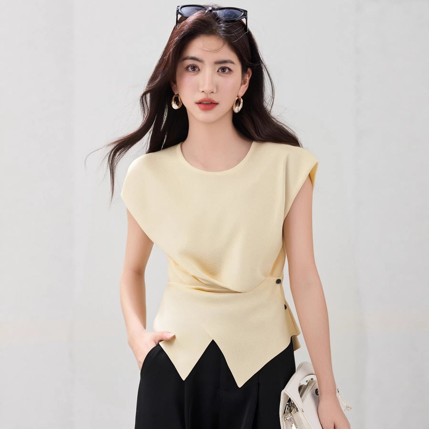 Women's Irregular Hem Knit Top - Elegant Side Button Short Sleeve Sweater