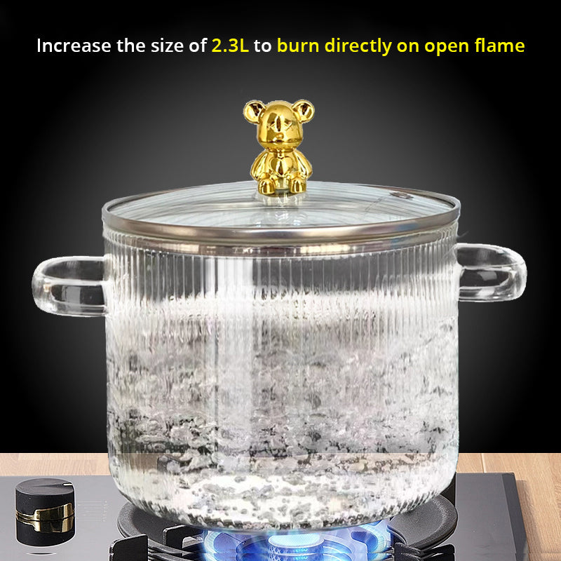 Heat-Resistant Borosilicate Glass Soup Pot with Bear Handle Lid - Flame-Safe Instant Noodle Bowl & Salad Pot with Handles