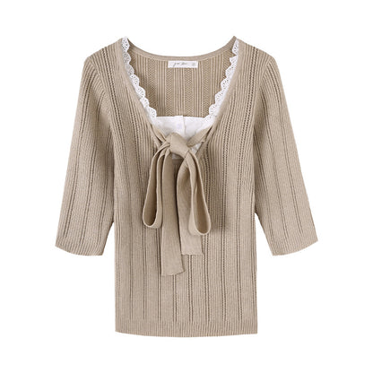 Elegant Lace Spliced Mock Two-Piece Knitted Top – Chic Knotted Fall Sweater for Women