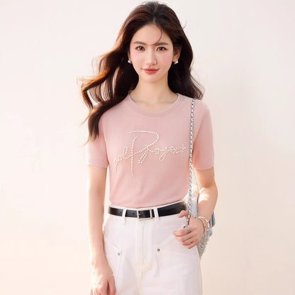 Women's Elegant Beaded Lettering Knit Top - Chic Casual Summer Tee