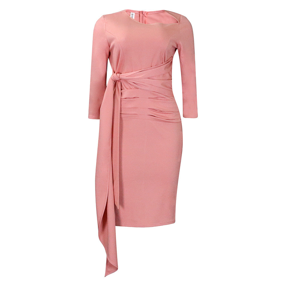 Elegant Black Professional Bodycon Dress - Slim Fit Ruched Waist Office Midi Skirt for Women