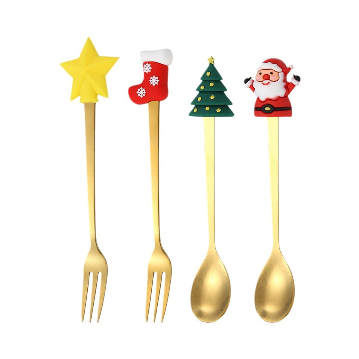 Luxury Christmas Gift Tableware Set - Gold Stainless Steel Coffee Spoon & Dessert Fork with Festive Cartoon Handles (Set of 4)