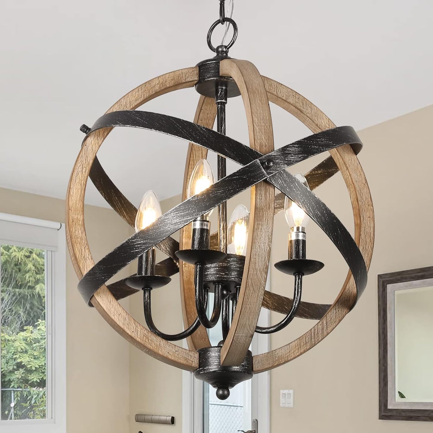 Rustic Farmhouse Orb Chandelier – 4-Light Vintage Wood & Metal Globe Pendant for Dining Room