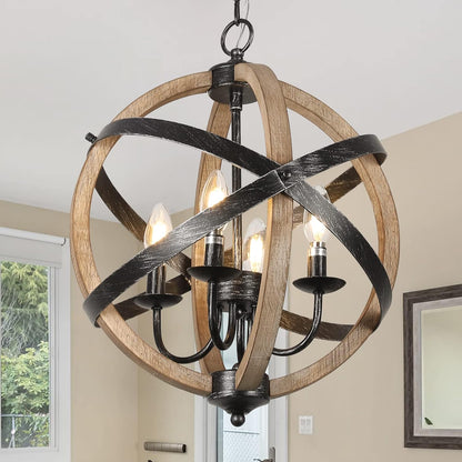 Rustic Farmhouse Orb Chandelier – 4-Light Vintage Wood & Metal Globe Pendant for Dining Room