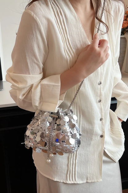 Shimmering Drawstring Sequin Pouch Crossbody Bag