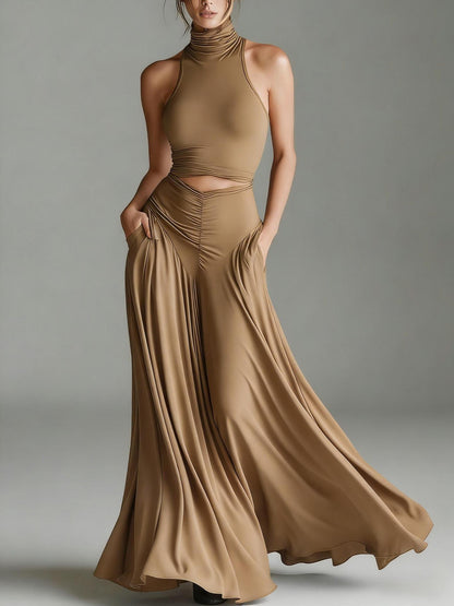 Chic Solid Color Two-Piece Dress Set - High Waist Ruched Long Skirt Outfit