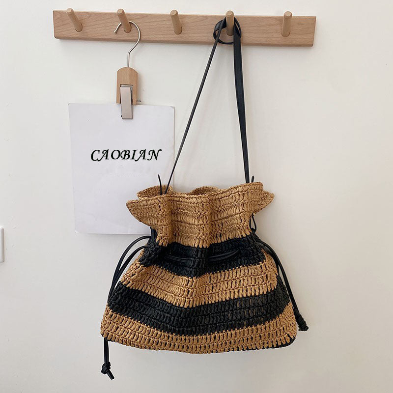 French Style Drawstring Straw Bag with Black Stripes