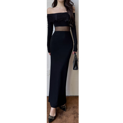 Elegant Off-Shoulder Long Bodycon Dress with Sheer Mesh Waist