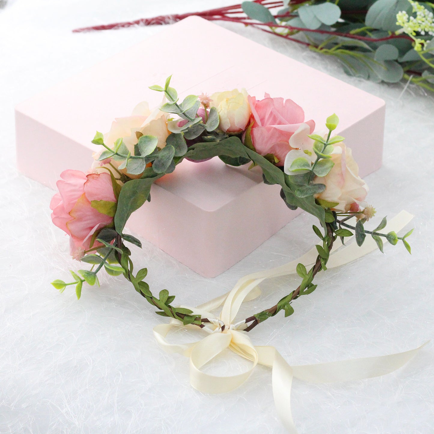 Romantic Blush Rose Flower Crown Headband for Brides and Travel
