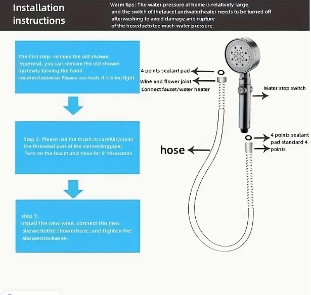 5-Mode High-Pressure Rainfall Shower Head – 360° Adjustable Detachable Hydro Jet with Stop Button