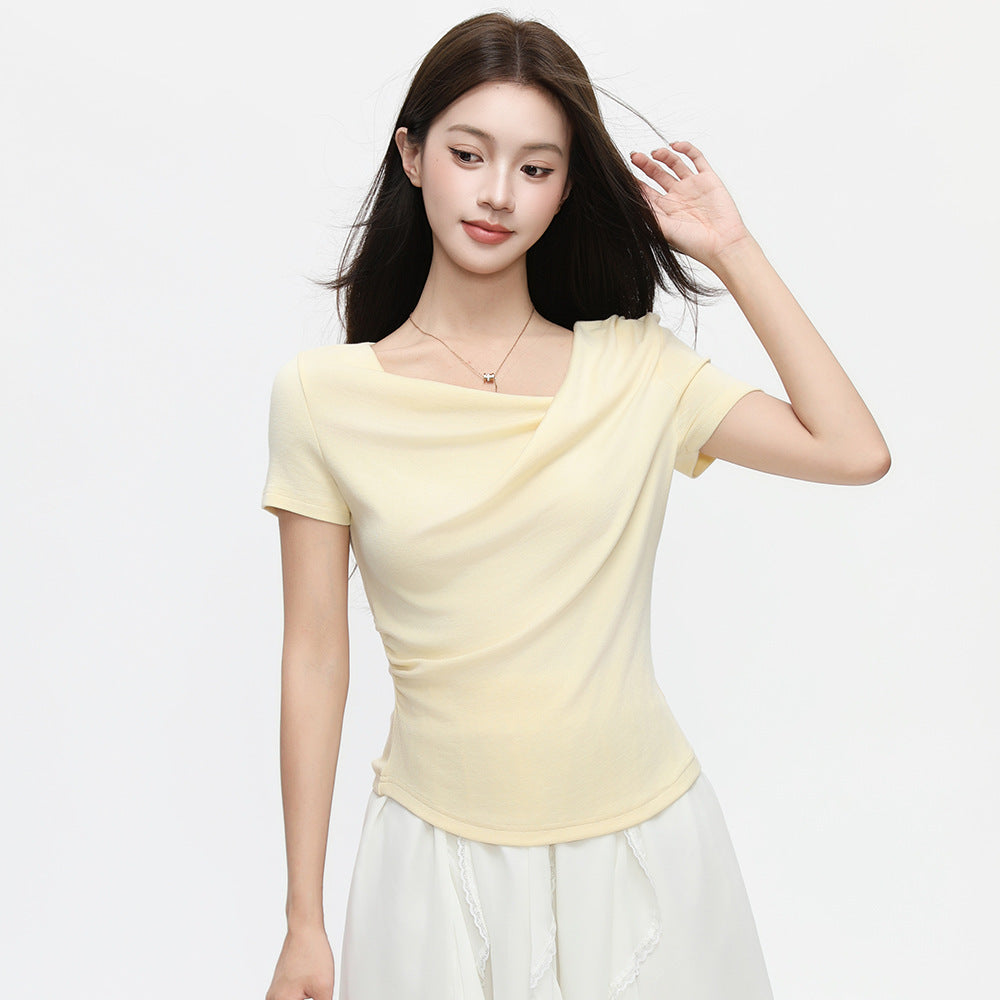 Women's Ruffled Neck Convertible Top - Casual Chic Short Sleeve Tee