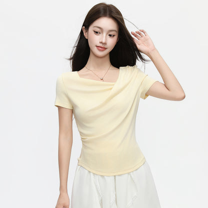 Women's Ruffled Neck Convertible Top - Casual Chic Short Sleeve Tee
