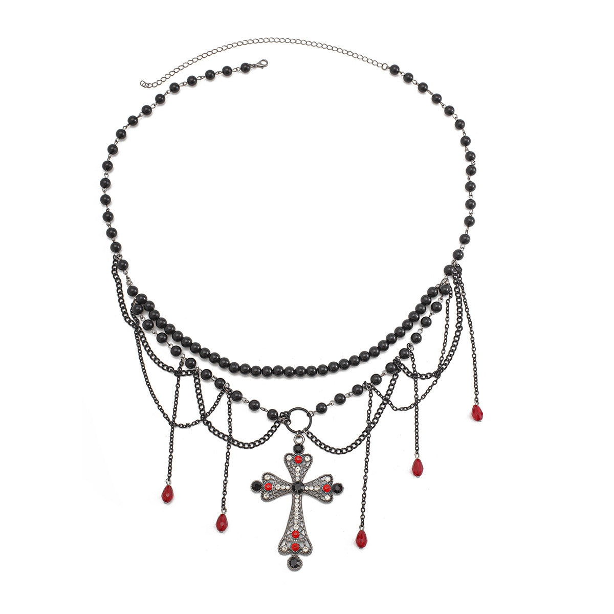 Gothic Multi-Layer Cross & Crystal Tassel Waist Chain - Dark Wind Body Jewelry