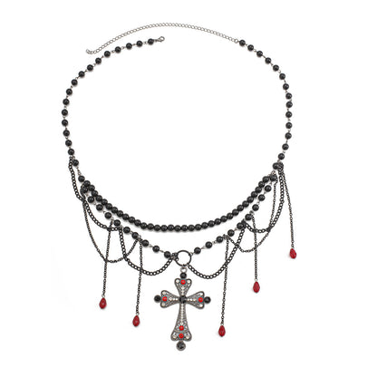 Gothic Multi-Layer Cross & Crystal Tassel Waist Chain - Dark Wind Body Jewelry