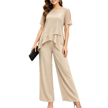 Women's Elegant Irregular Layered Top and Wide-Leg Pants Two-Piece Set