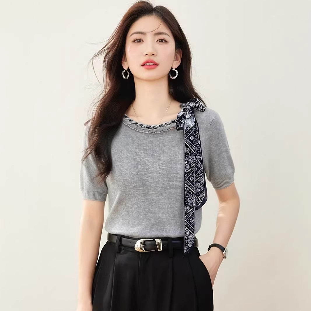 Elegant Bow Knotted Short Sleeve Knit Top - Summer Chic High-End Fashion