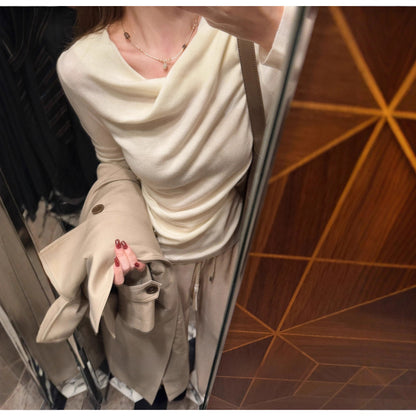 Elegant Off-Shoulder Woolen Knit Top with Design Waistline