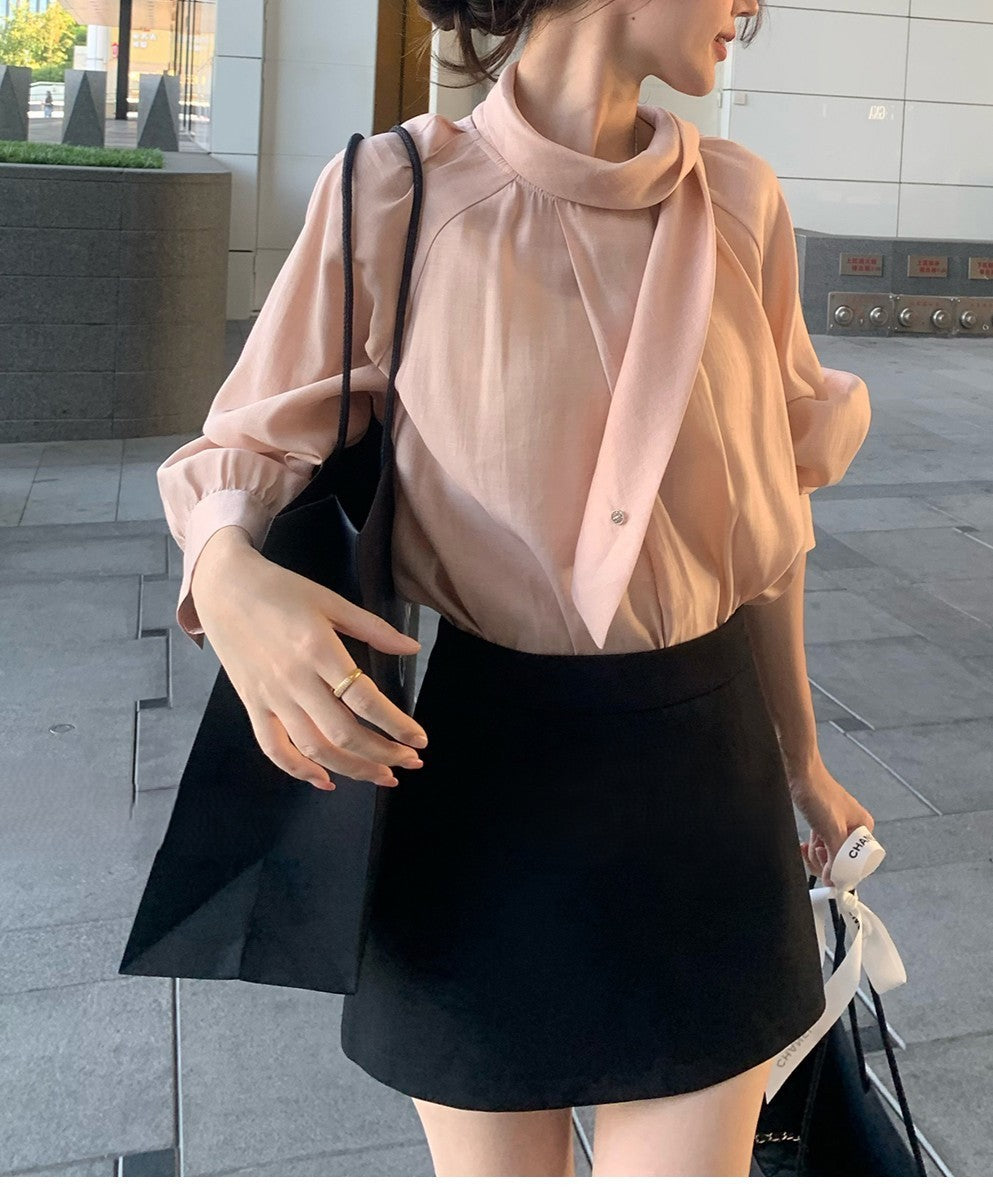 Style One-Shoulder Draped Collar Buttoned Shirt | Elegant Pink Long Sleeve Top for Women