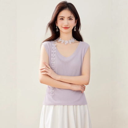 Women's Decorative Flower Sleeveless Vest - Plus Size Slim Fit Knit Inner Wear