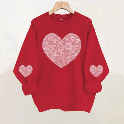 Pink Glitter Heart Print Grey Sweatshirt | Cozy Long Sleeve Pullover for Women